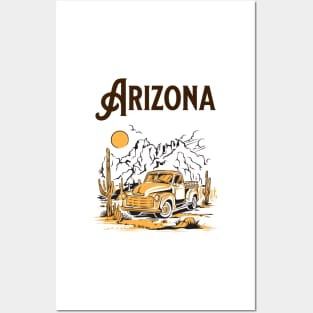 Arizona | Vintage Line Art Of Old Truck & Desert Cactus Posters and Art